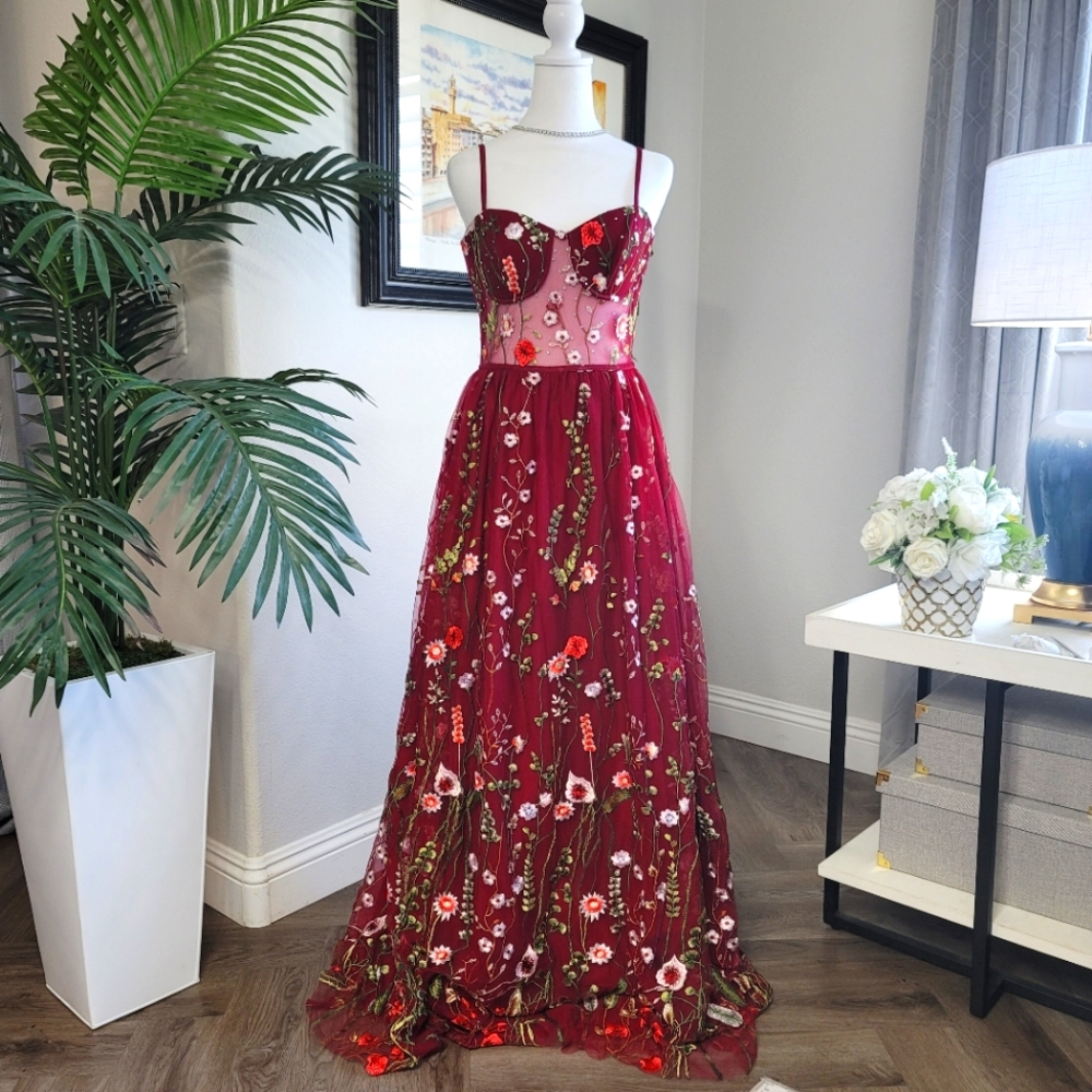 Embroidered Florals Evening Illusion Gown